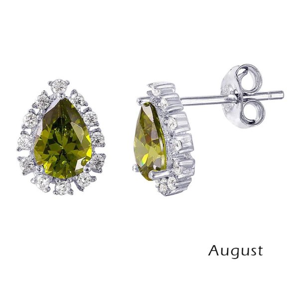 Sterling Silver 925 Rhodium Plated Teardrop Halo CZ Birthstone Earrings August